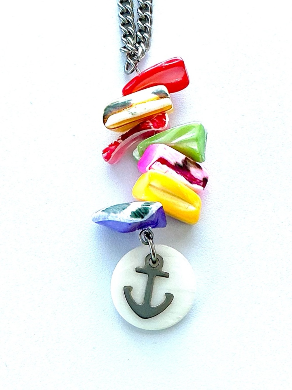 🆕 Anchor on Shell with Gemstones Pendant Necklace-Stainless Steel-LARGE